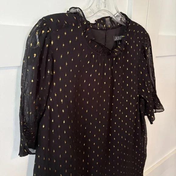 NWT J. Crew Women's Black and Gold Chiffon Smocked Puff Sleeve Top in Size M - Picture 5 of 8